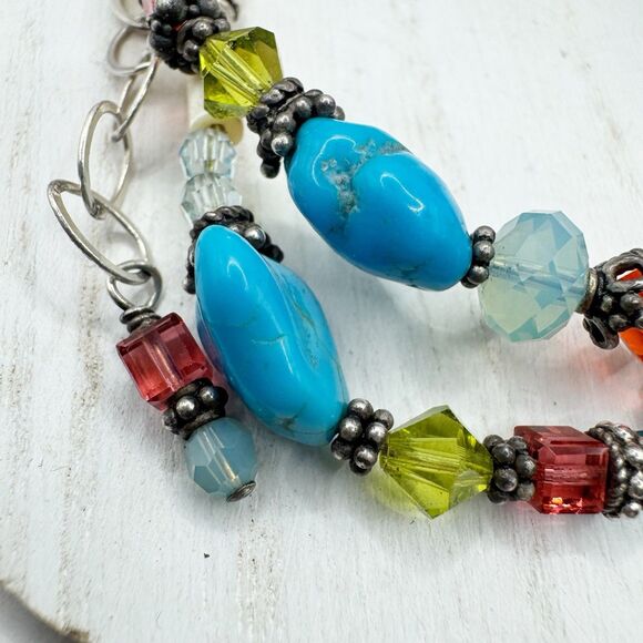 Turquoise Chunk Faceted Colorful Glass Sterling Silver Beaded Necklace Bohemian - Picture 10 of 11